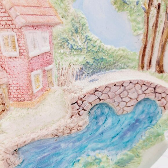 Vintage Chalkware Hand-Painted Ceramic 3D Wall Plate Cottage on River & Bridge - Picture 5 of 9
